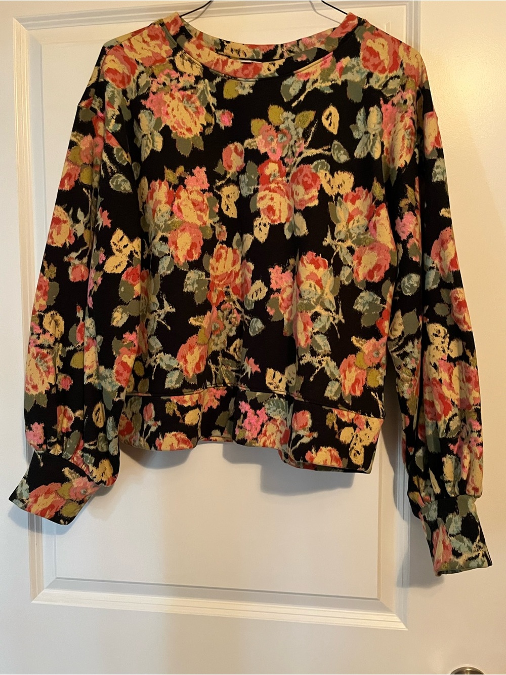 Loft Floral Print Long-Sleeve Top in Black and Coral